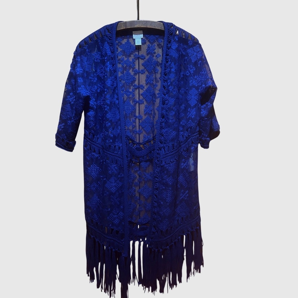 Chicos Long Open‎ Cardigan Size 0 Small Blue Lace Mesh Fringe Boho Artsy Hippie